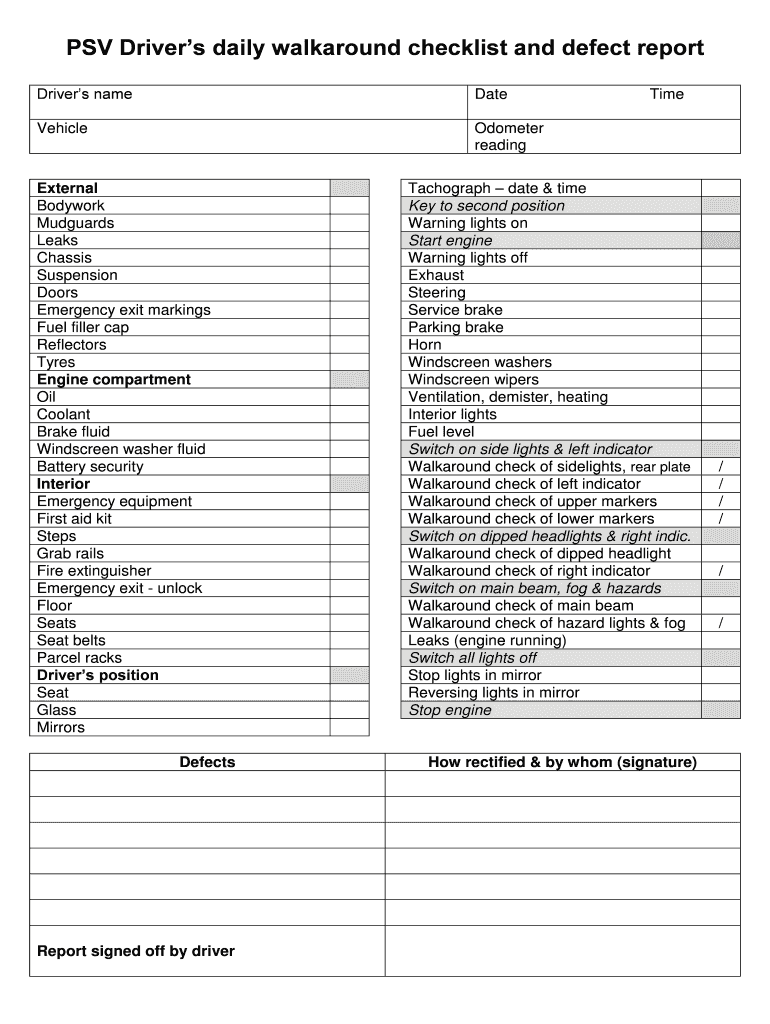 PSV Drivers Daily Walkaround Checklist and Defect Report  Form