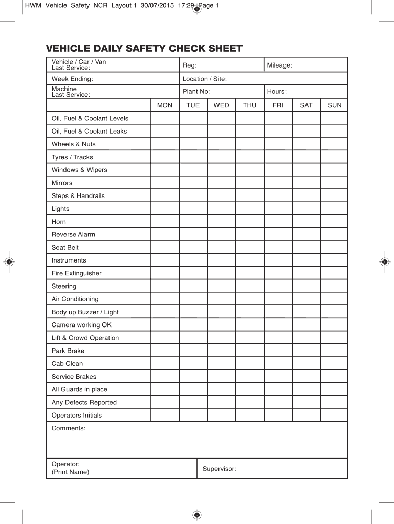 Vehicle Safety Check Sheet  Form