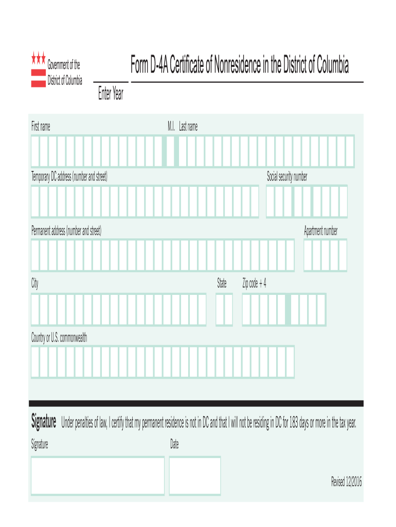  Form D 4a a Certificate of Nonresidence 2016-2024