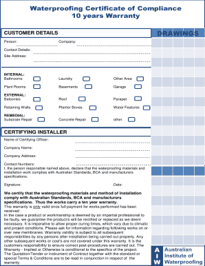 Waterproofing Certificate of Compliance Form