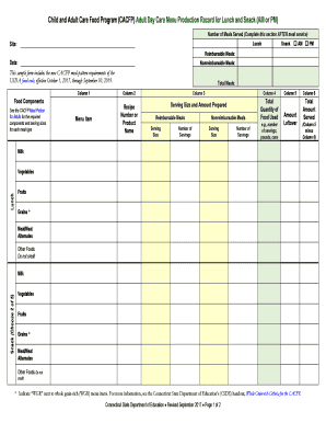 Child and Adult Care Food Program CACFP Adult Day Care Menu Production Record for Lunch and Snack AM or PM  Form