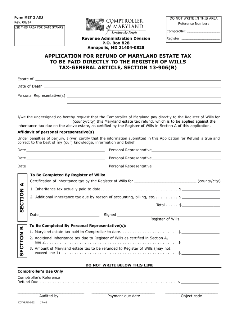  Form MET 2 ADJ  Comptroller of Maryland 2014