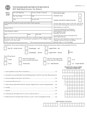 Tennessee Individual Income Tax Return  INC250  Individual Income Tax  Form