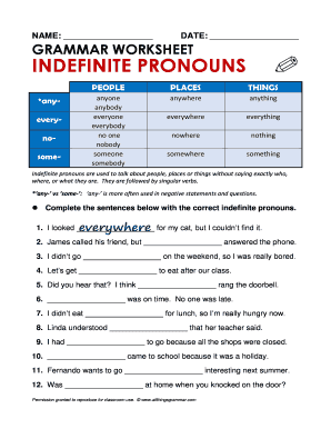 Grammar Worksheet Indefinite Pronouns  Form