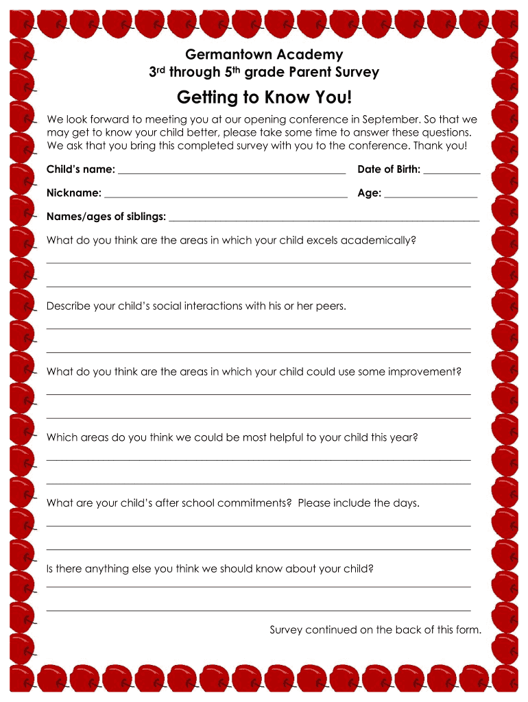 3rd through 5th Grade Parent Survey  Form