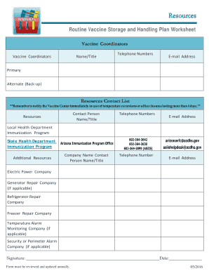 Routine Vaccine Storage and Handling Plan Worksheet  Form