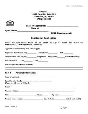Application for Residential Program  Form
