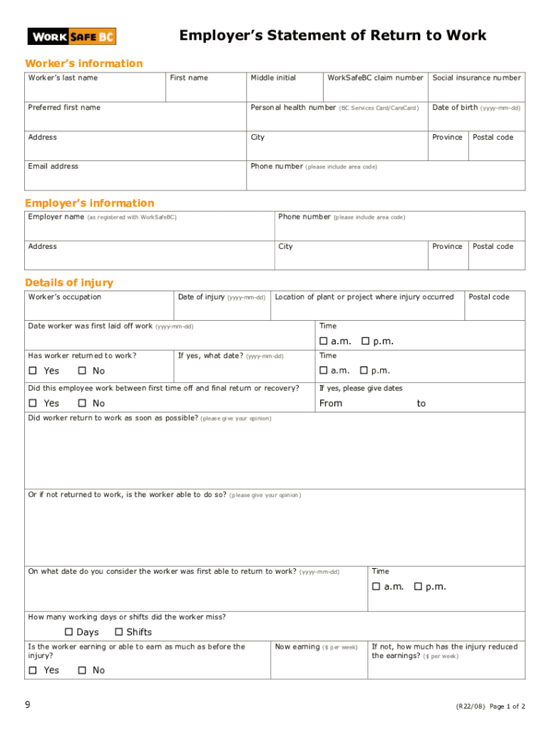 EmployEr S StatEmEnt of REturn to Work RESET Ple  Form