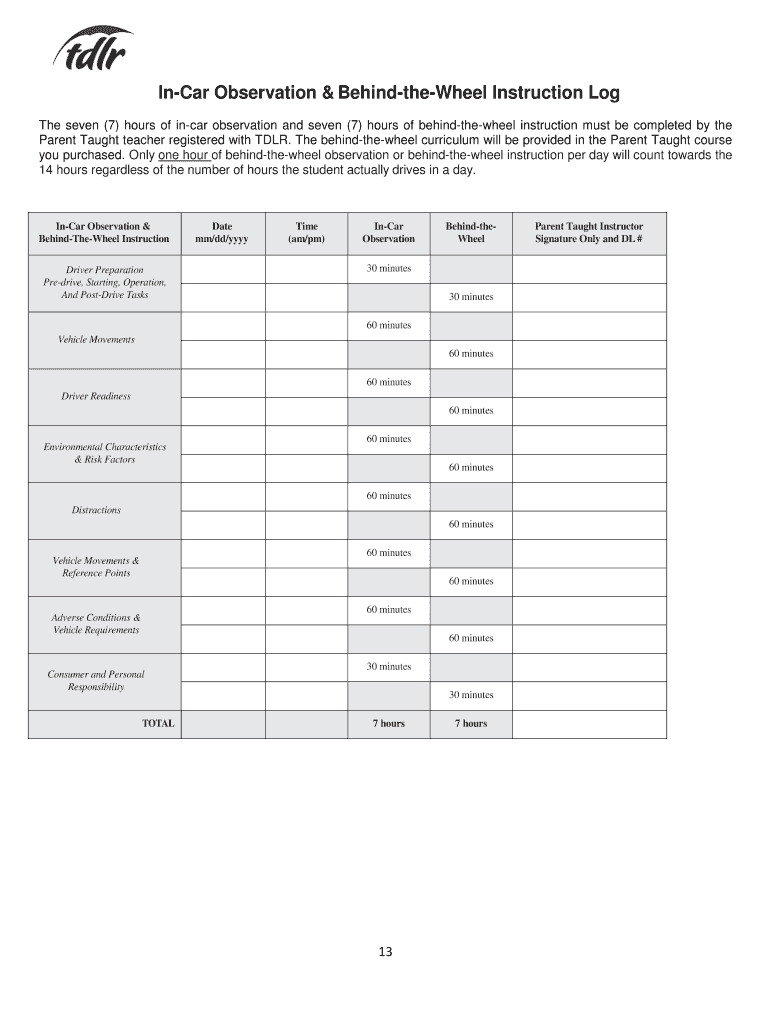 Behind the Wheel Instruction Log  Form