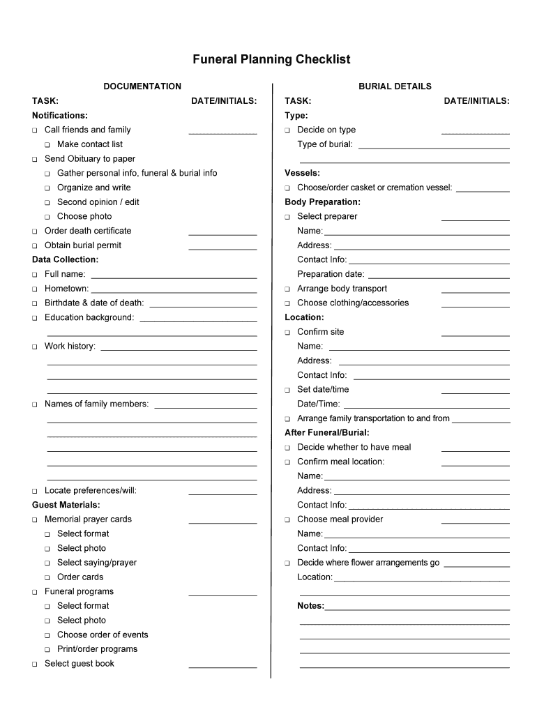 Funeral Planning Checklist Template  Form