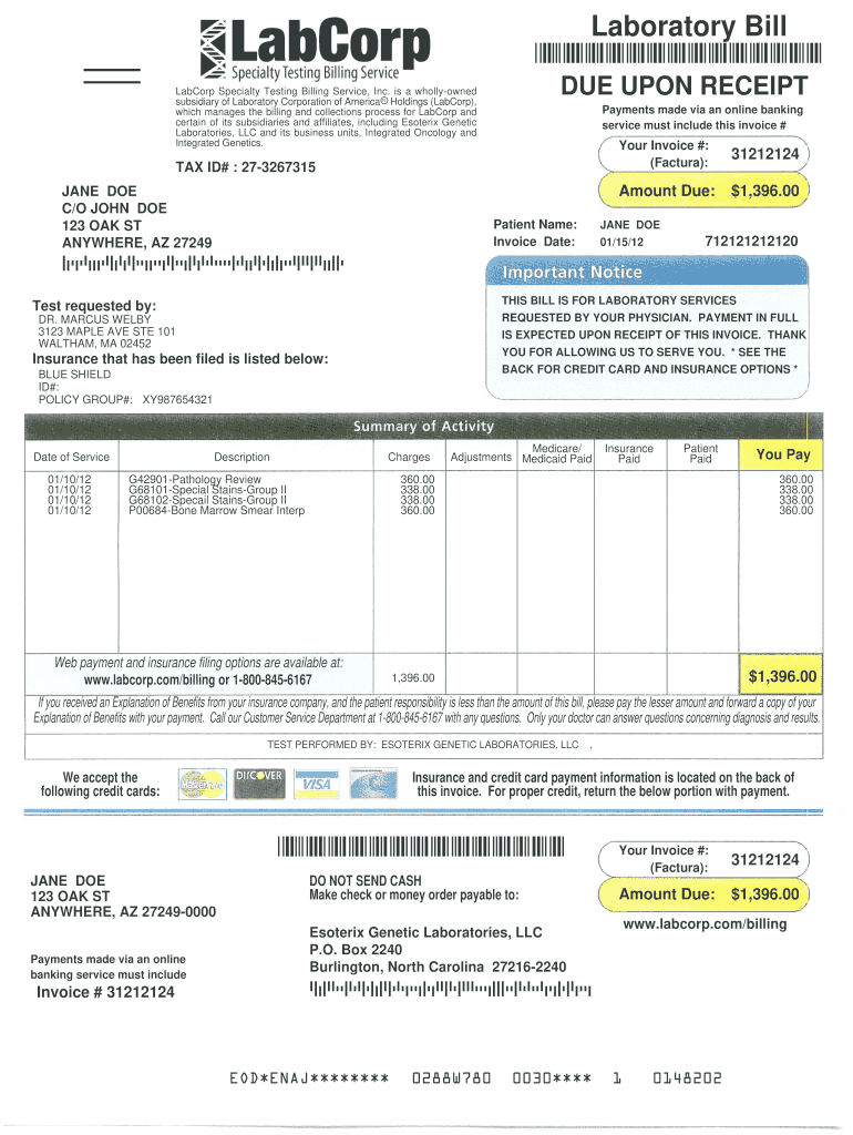 LabCorp Specialty Testing Billing Service, Inc  Form