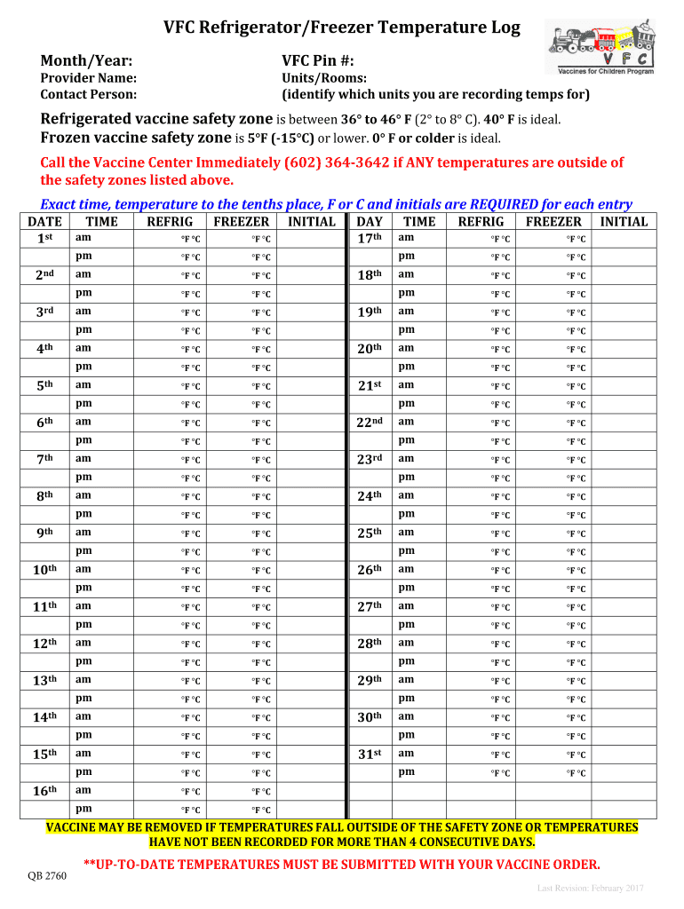 VFC Refrigeratorzer Temperature Log  Form