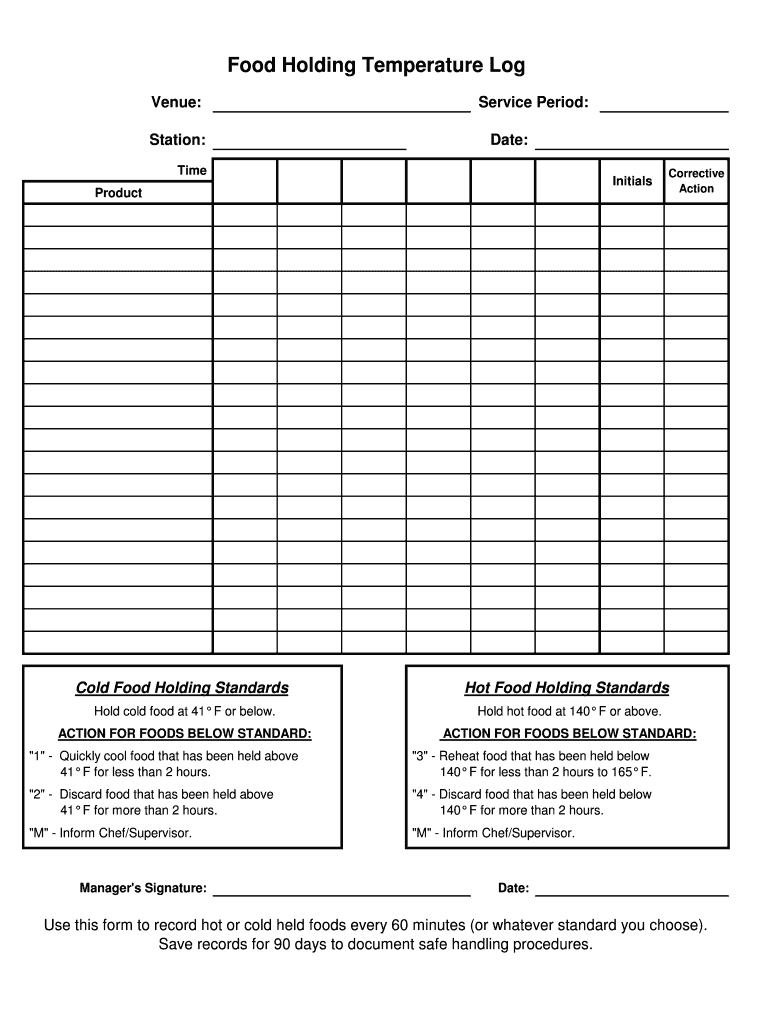 Food Holding Temperature Log  Form