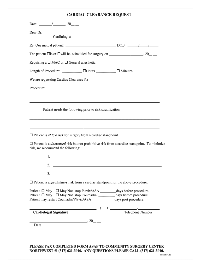  Cardiac Clearance Form 2013-2024