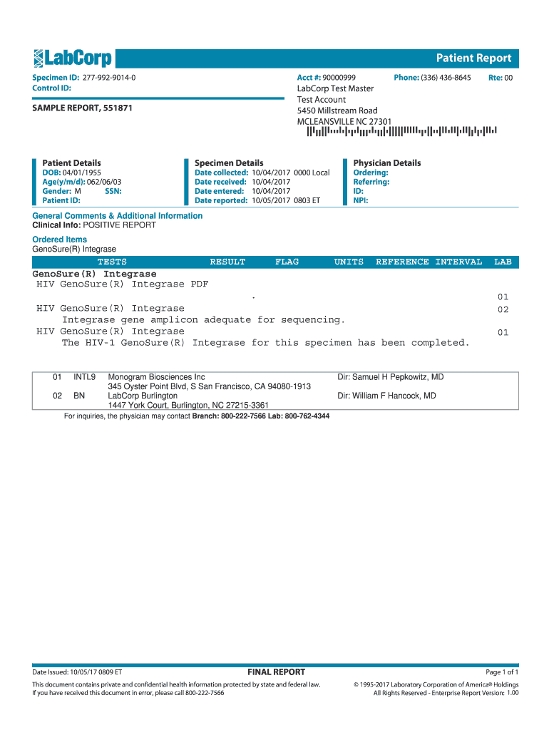 Specimen ID 277 992 9014 0  Form