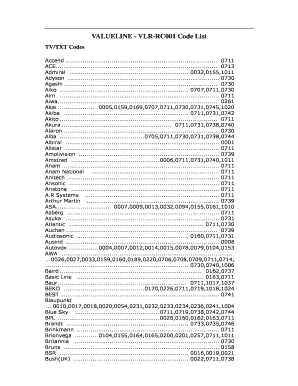 Valueline Vlr Rc001 Code List  Form