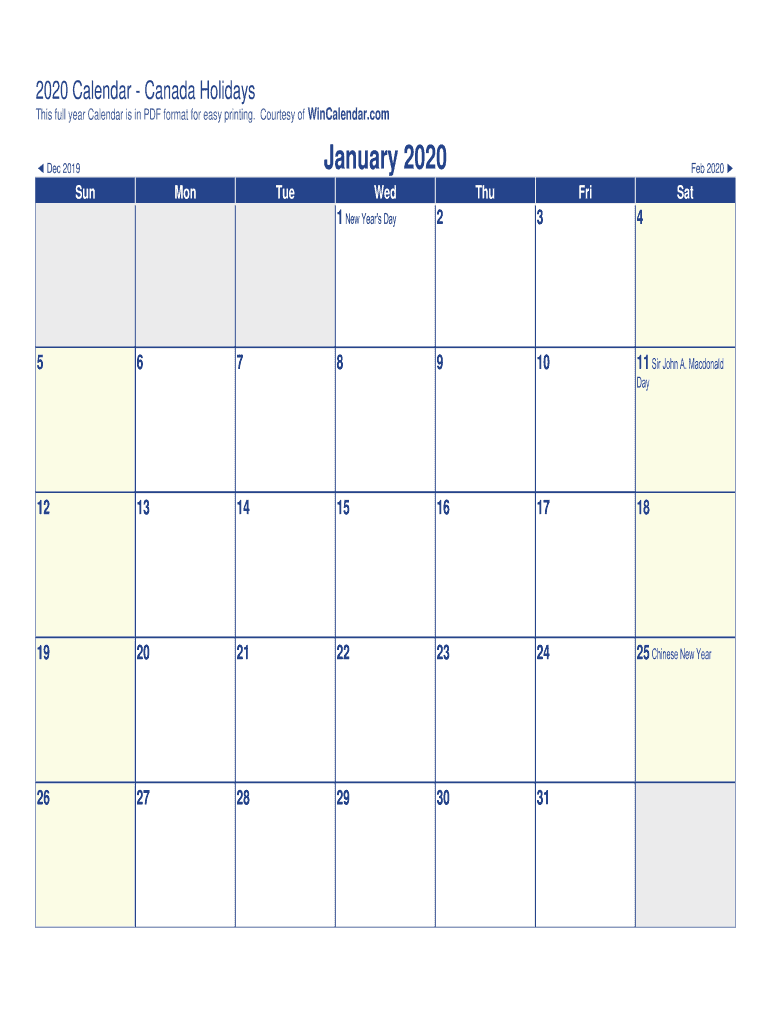 Calendar Canada Holidays  Form