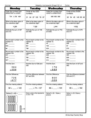 weekly math homework answer key