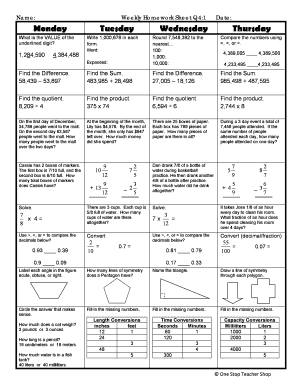 Weekly Homework Sheet Answer Key  Form