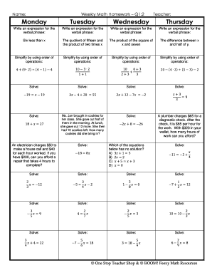 Weekly Math Review Q1 2 Answer Key  Form