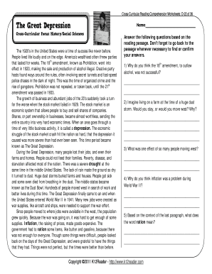 The Great Depression Reading Comprehension Worksheet PDF  Form