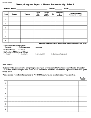 Weekly Progress Report Eleanor Roosevelt High School  Form