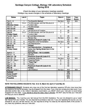 Santiago Canyon College, Biology 109 Laboratory Schedule  Form