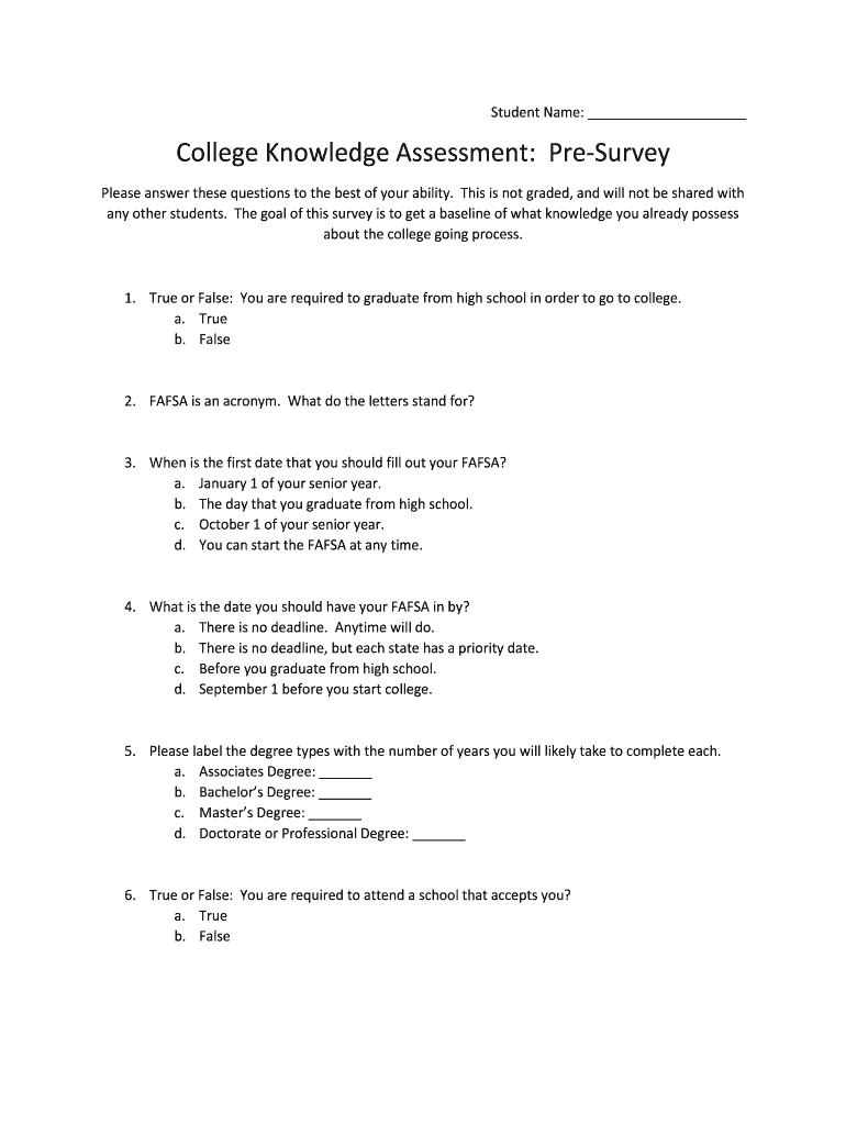 College Knowledge Assessment Pre Survey  Form