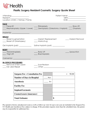 Plastic Surgery Resident Cosmetic Surgery Quote Sheet  Form