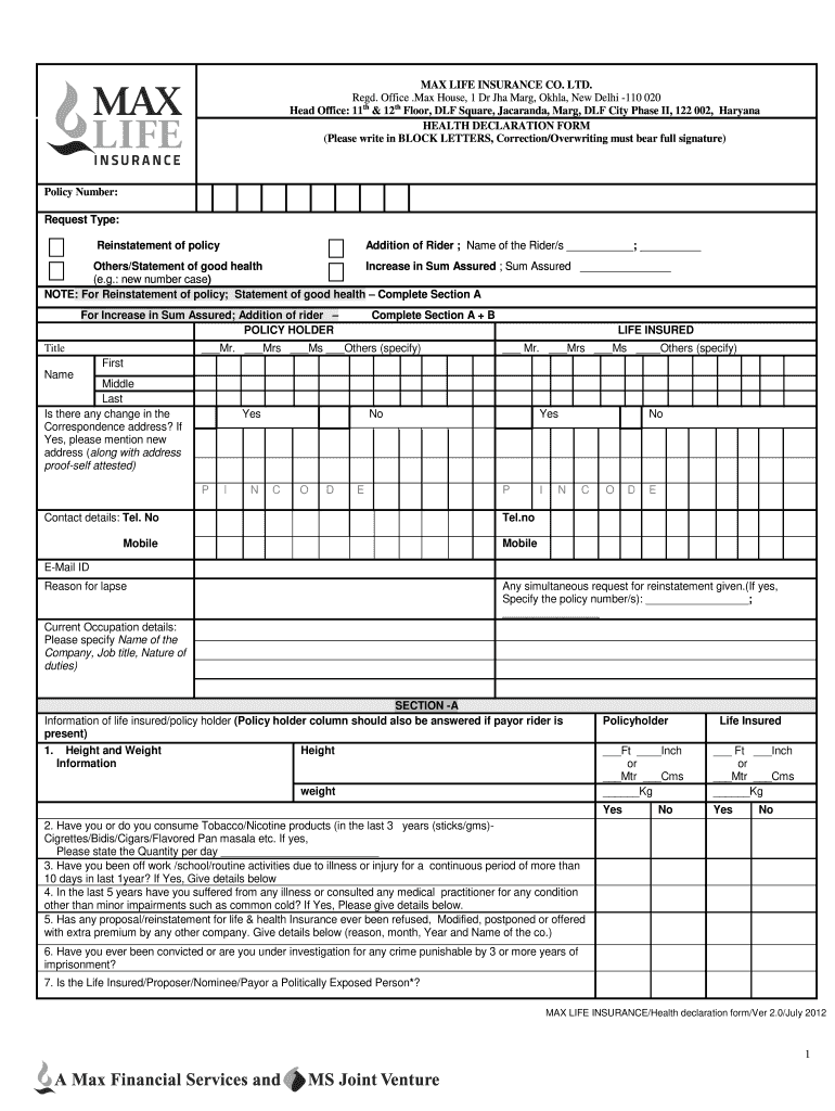 max life insurance assignment form