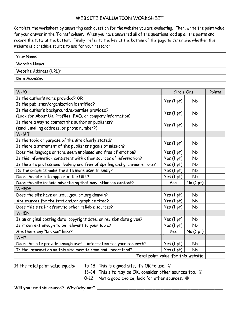 WEBSITE EVALUATION WORKSHEET  Form