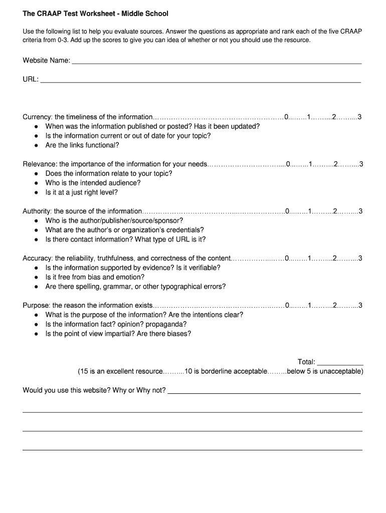 The CRAAP Test Worksheet Middle School  Form