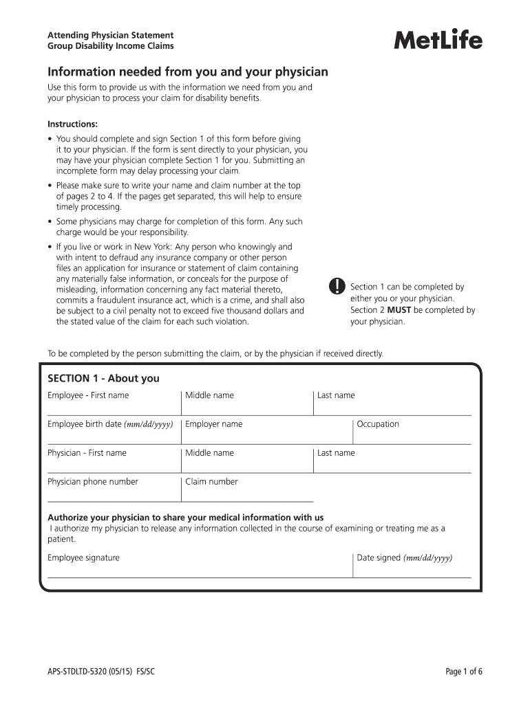  Metlife Disabiliy Form Aps Stdltd 5320 2015-2024