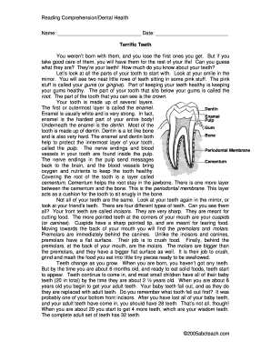 Reading ComprehensionDental Health  Form