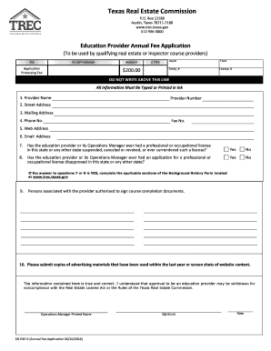 Education Provider Application Core RE or TREC Texas Gov  Form