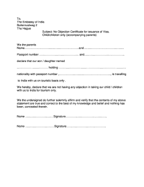 Subject No Objection Certificate for Issuance of Visa  Form