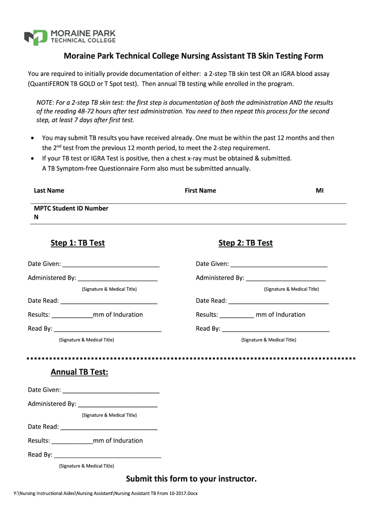 Moraine Park Technical College Nursing Assistant TB Skin Testing Form