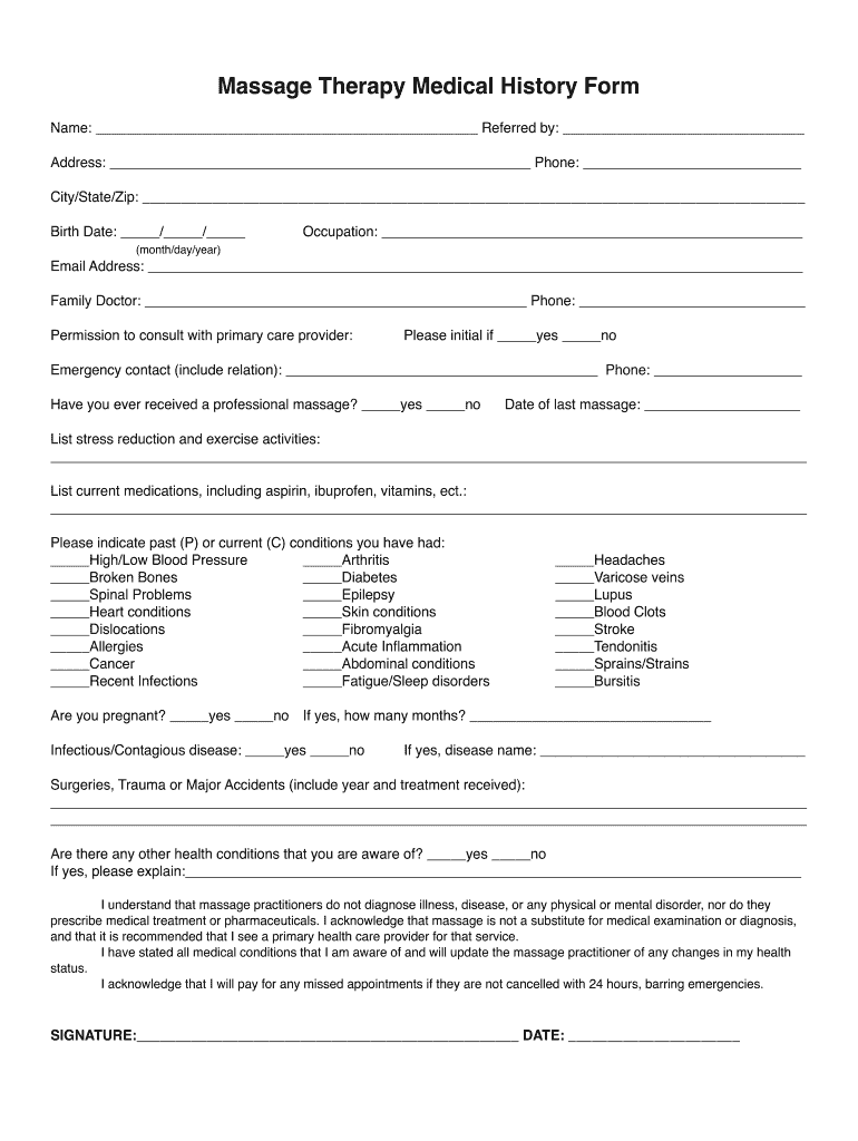 Massage Therapy Medical History Form