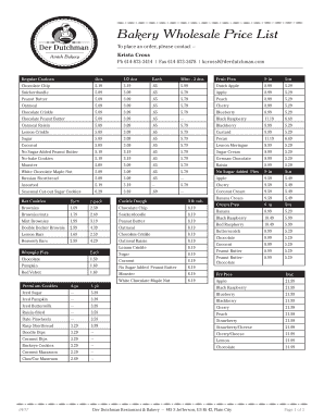 Bakery Wholesale Price List Template  Form