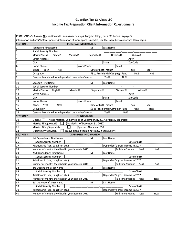  Income Tax Preparation Client Information Questionnaire 2017