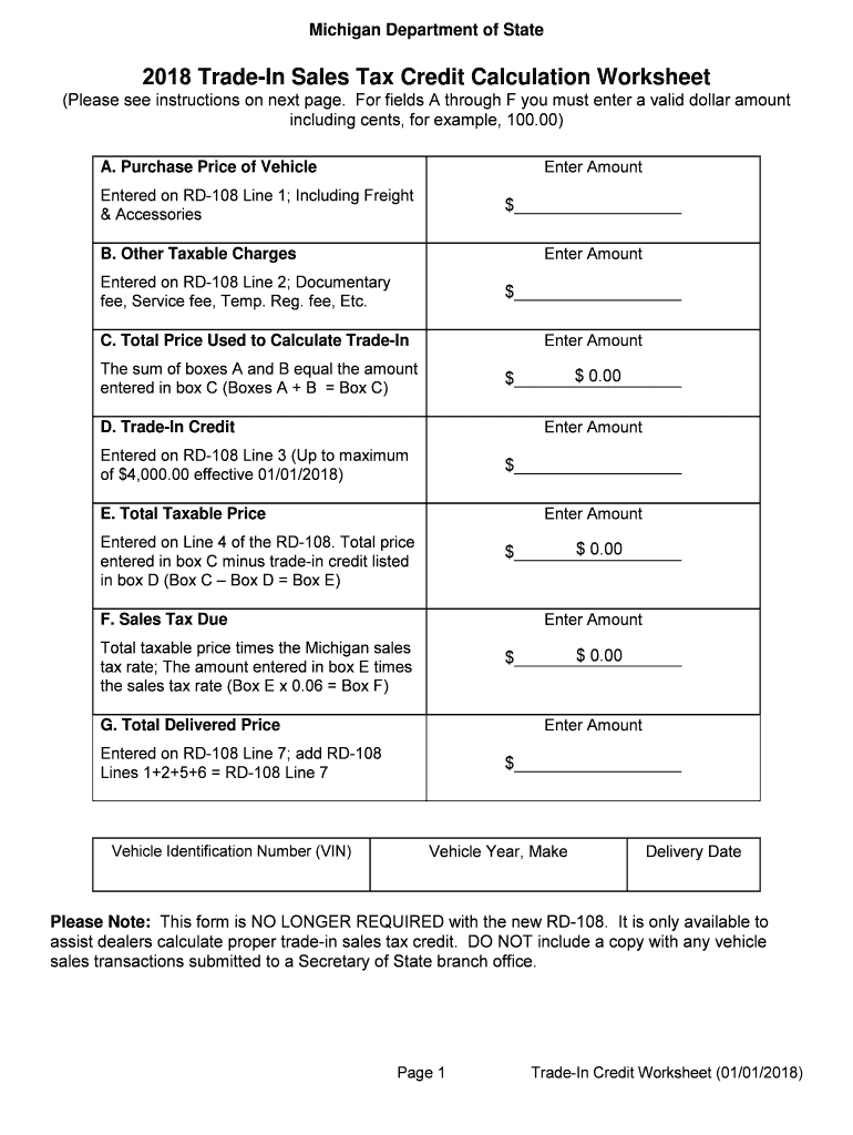 Trade in Sales Tax Credit Calculation Worksheet  Form