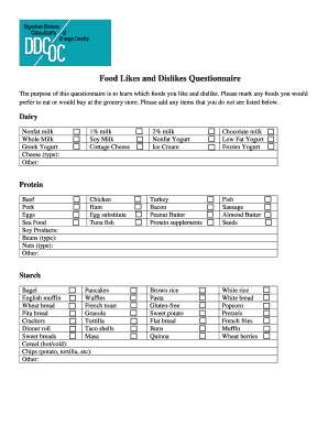 Food Likes and Dislikes Questionnaire  Form