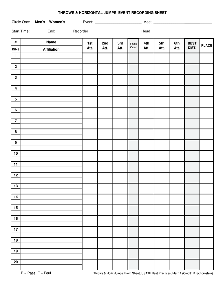  High Jump Recording Sheet 2011