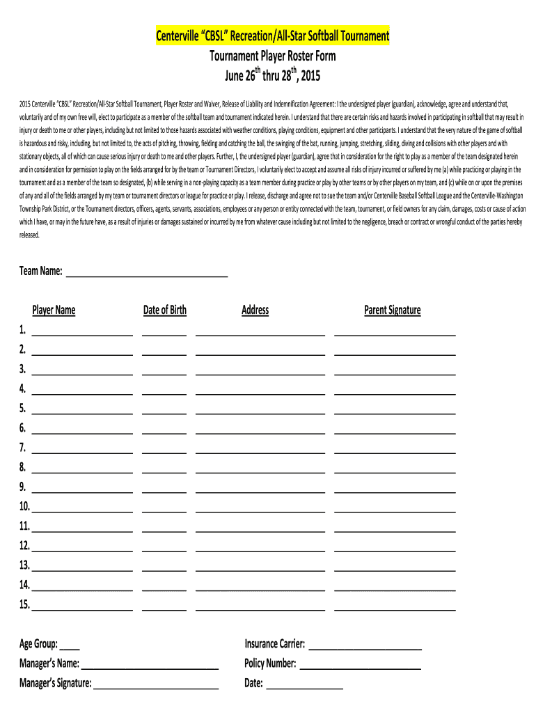 Centerville CBSL RecreationAll Star Softball Tournament  Form