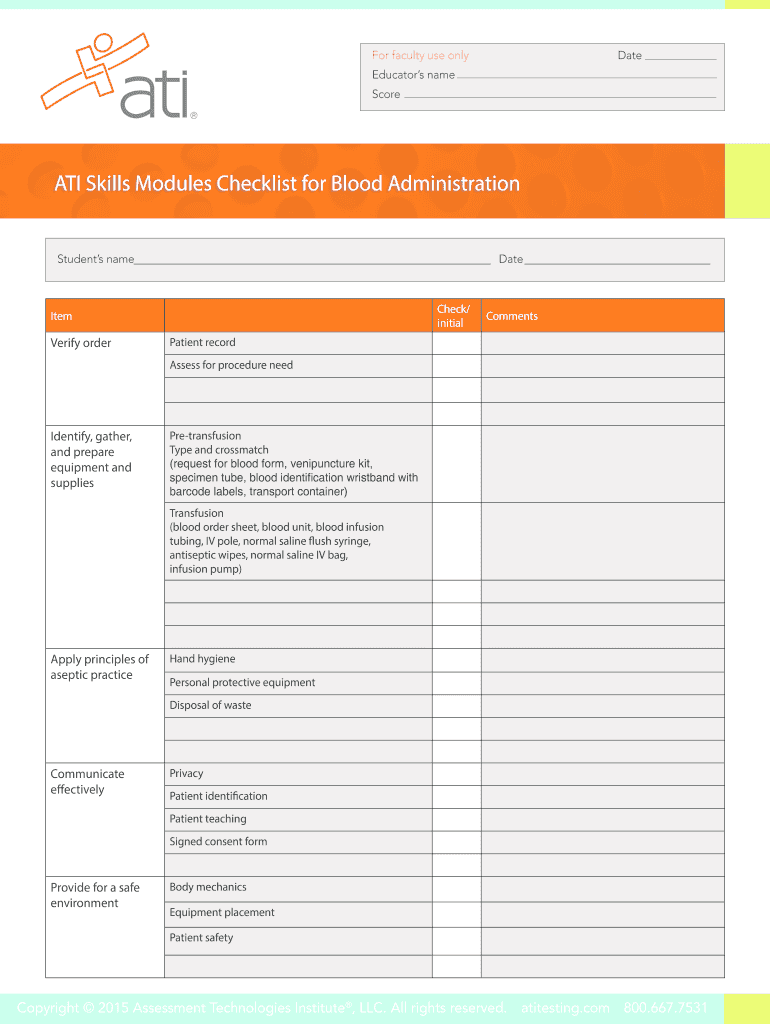 ATI Skills Modules Checklist for Blood Administration  Form