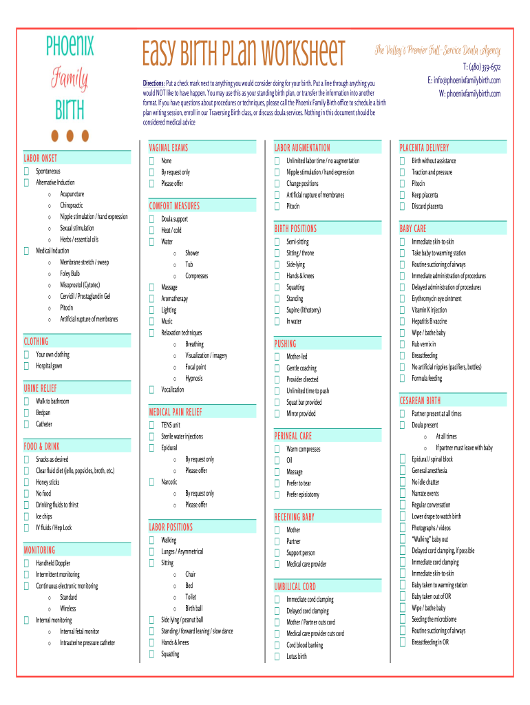 Easy Birth Plan Worksheet  Form