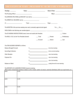 The LEGION of MARY PRAESIDIUM SECRETARY&#039;S WORKSHEET  Form