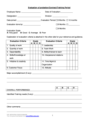 Evaluation of ProbationContractTraining Period  Form