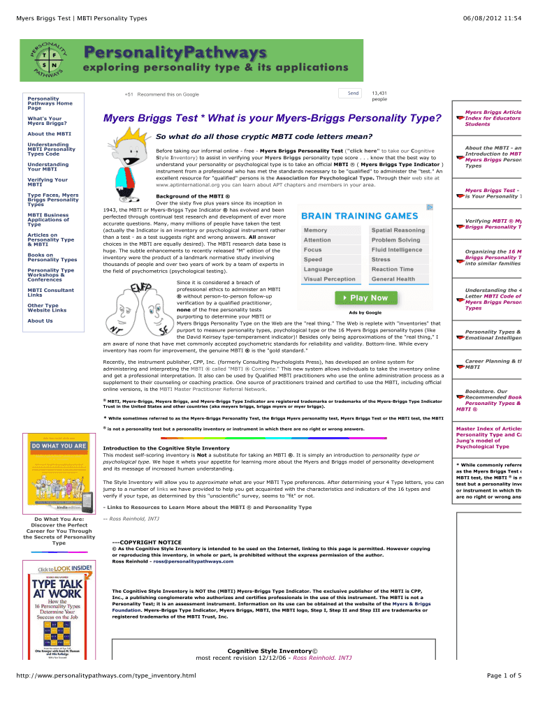 Myers Briggs Test MBTI Personality Types  Form