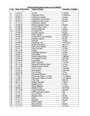 List of General Store Items as on 318  Form